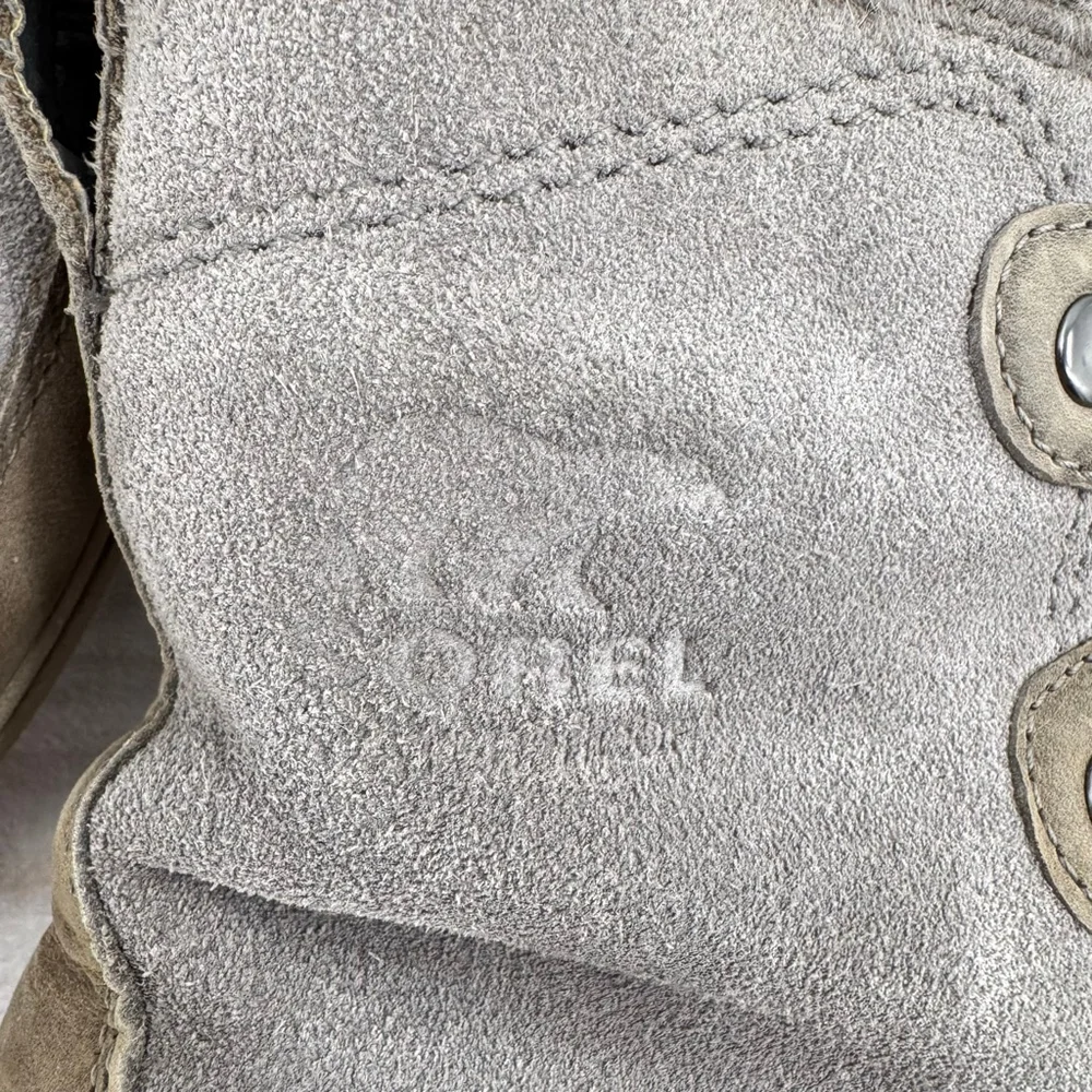 Sorel Explorer Joan Boots Gray Taupe Suede Faux Fur Lace Up Warm Winter Size 10